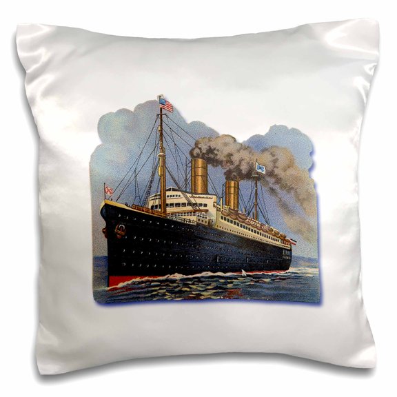 3dRose, Blue and Red Steam Ship with an American Flag Crossing the Ocean, 16x16 inch Pillow Case