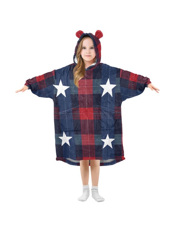Blue and Red Tartan Plaids Stars Flannel Wearable Blankets Hooded Design Long Sleeves Wrap Unisex for 3T-14Y S