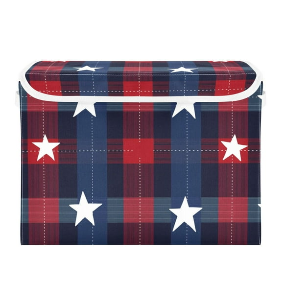 Blue and Red Tartan Plaids Stars Foldable Storage Bin with Lid and Handle Collapsible Storage Box 16.5 x 12.6 x 11.8 inches