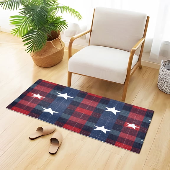Blue and Red Tartan Plaids Stars Plush Carpet Non Slip Runner Rug Absorbent Bath Mat 39" x 20"