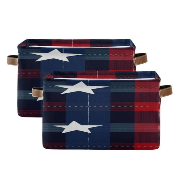 Blue and Red Tartan Plaids Stars Square Storage Bins with Handles Collapsible Containing Box 2 Packs