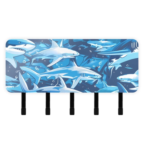 Blue and Sharks Mail Holder Organizer Wall Mount with Shelf Key Holder Key Rack with 5 Key Hooks for Wall Decorative