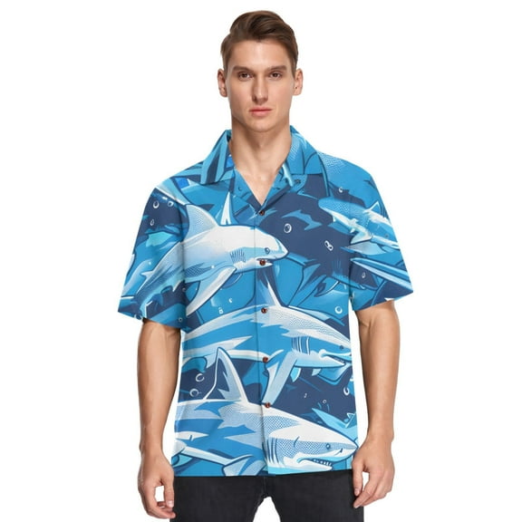 Blue and Sharks Men's Hawaiian Wrinkle Free Button Down Short Sleeve Shirt Casual Shirts Beach Shirts