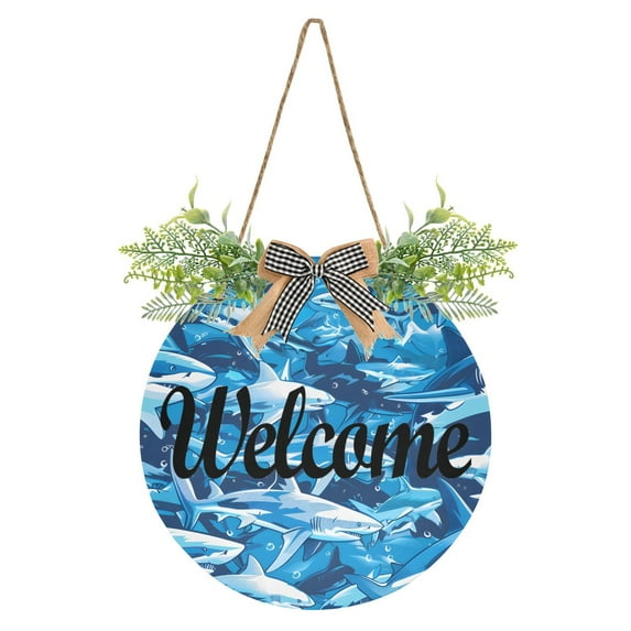 Blue and Sharks Welcome Sign for Front Door Wreath Door Sign for Farmhouse Porch Decoration Indoor Outdoor