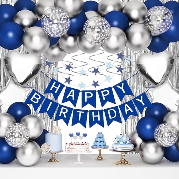Blue and Silver Birthday Party Decorations Set, Birthday Party Supplies for Child and Adult, Happy Birthday Banner Balloons