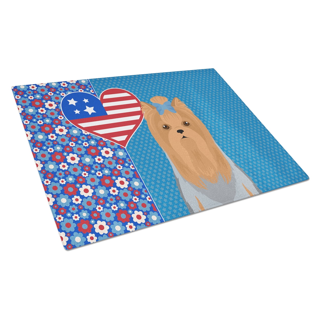 Blue and Tan Full Coat Yorkshire Terrier Glass Cutting Board Large 12 in x 15 in