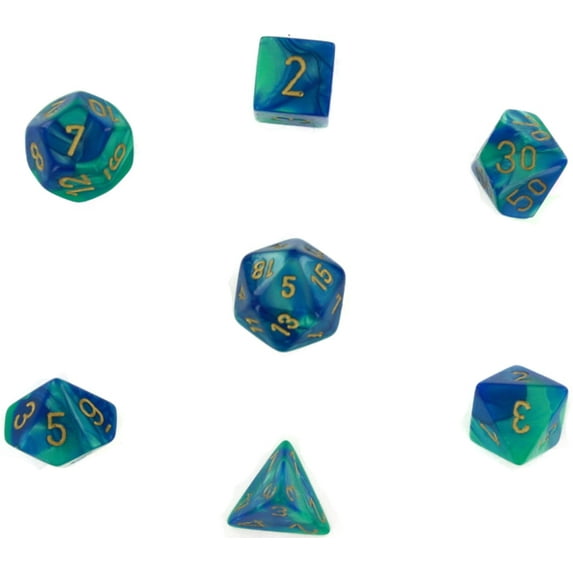 Blue and Teal Gemini Dice with Gold Numbers 7 Dice Set 16mm (5/8in) Chessex 26459
