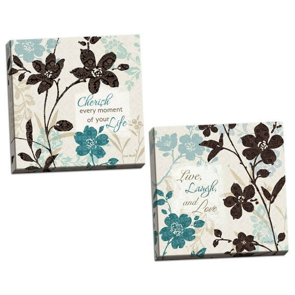Blue and Teal Inspirational "Live Laugh & Love" Adult Floral Decor; 2 - 12" x 12" Stretched Canvases