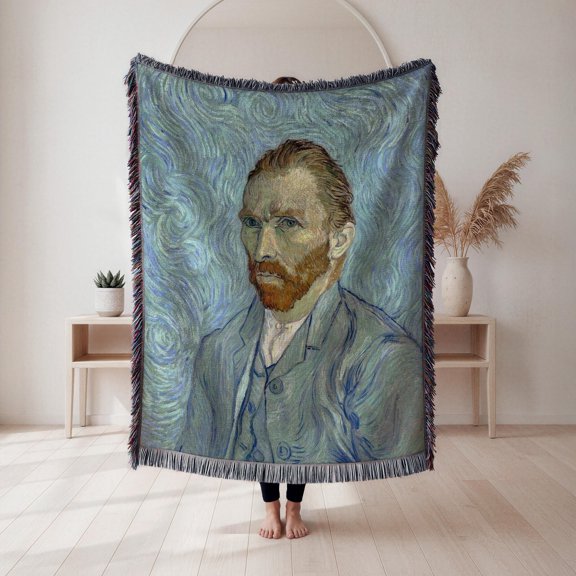 Blue and Teal Red-Bearded Artist Portrait Woven Blanket, 100% Cotton, Post-Impressionist Style