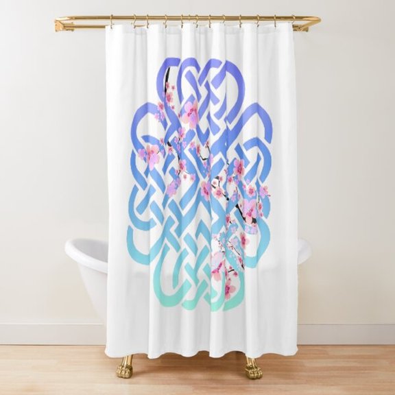 Blue and Turquoise Celtic Knot with Pink Blossoms Shower Curtain, 100% Polyester, Bathroom Decor