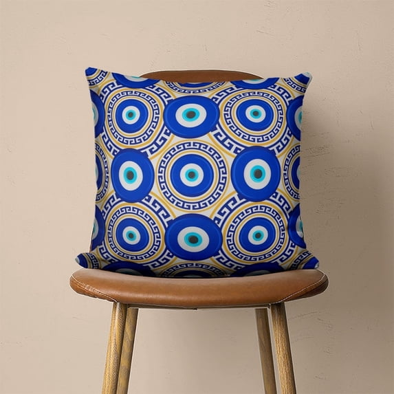 Blue and Turquoise Nazar Evil Eye Greek Key Square Pillow Case, 100% ...