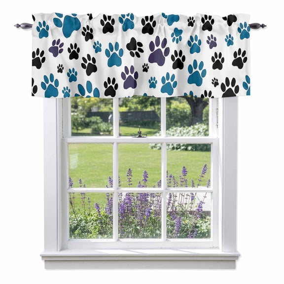 Blue and Valances for Windows, Black Dog Paw Print Valance Window Treatment Rod Pocket Short Curtains Valances for Kitchen Bathroom 54"W x 18"L
