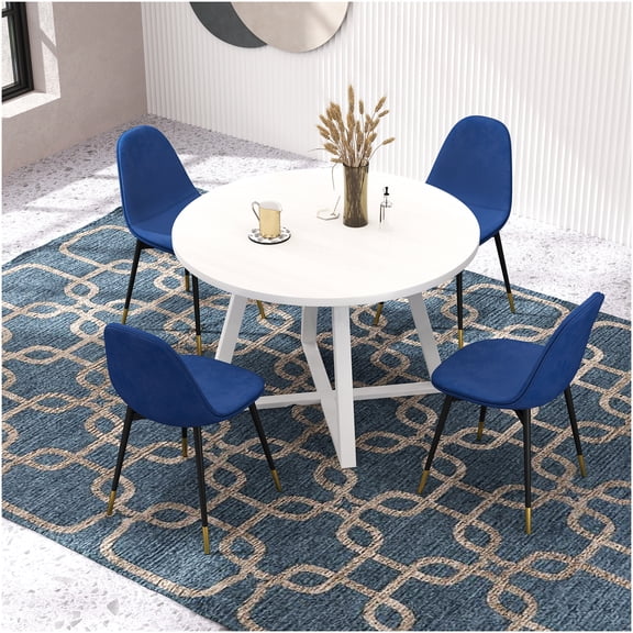 Blue and White 5-Piece Round Dining Set with Velvet Upholstered Chairs and Trestle Table