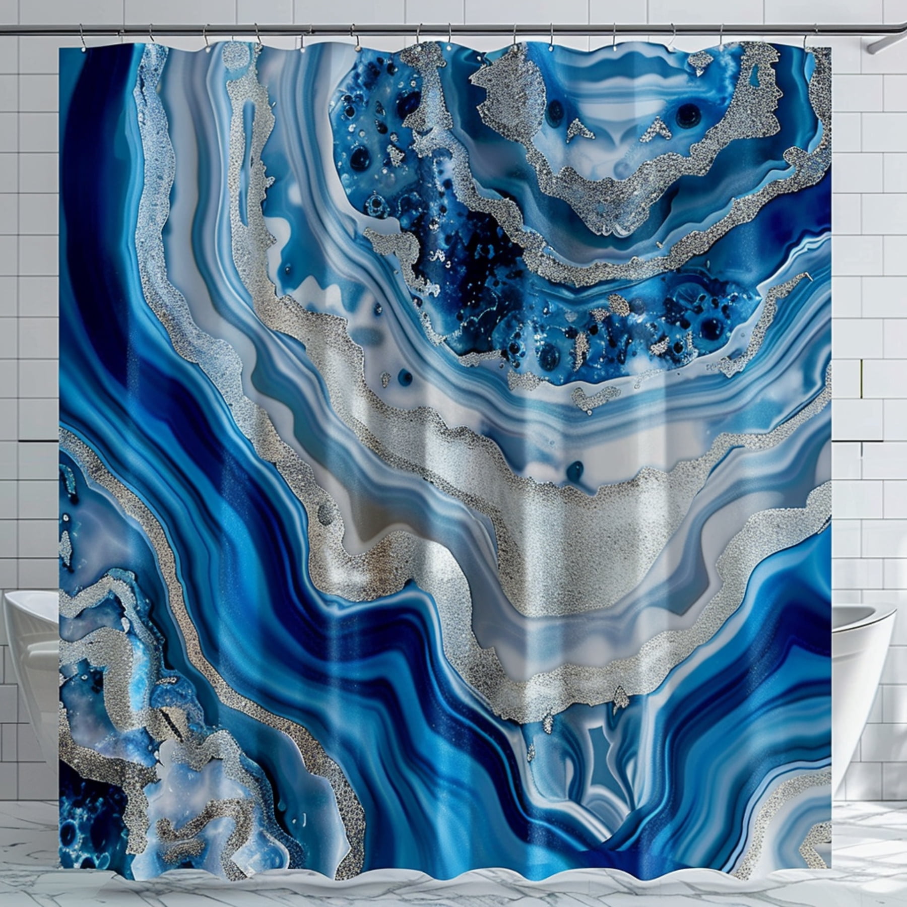 Blue and White Agate Geode Pattern Shower Curtain with Silver Accents