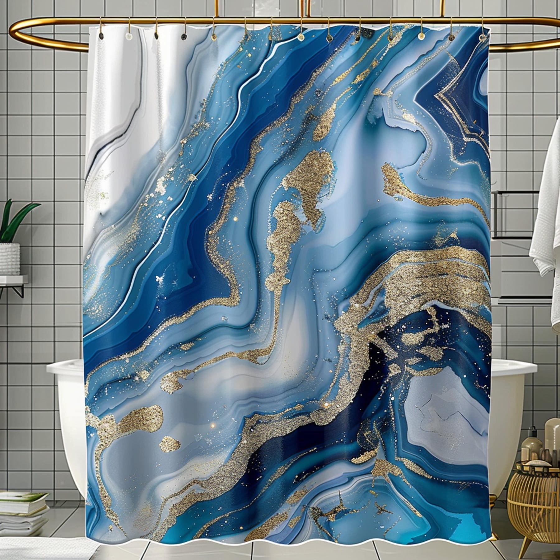 Blue and White Agate Marble Print Shower Curtain with Gold Glitter Accents Stylish Bathroom