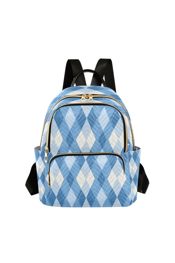 Blue and White Argyle Pattern Plaids Quilted Backpack Fashion Daypack Commuter Bag for Women 8.5 L