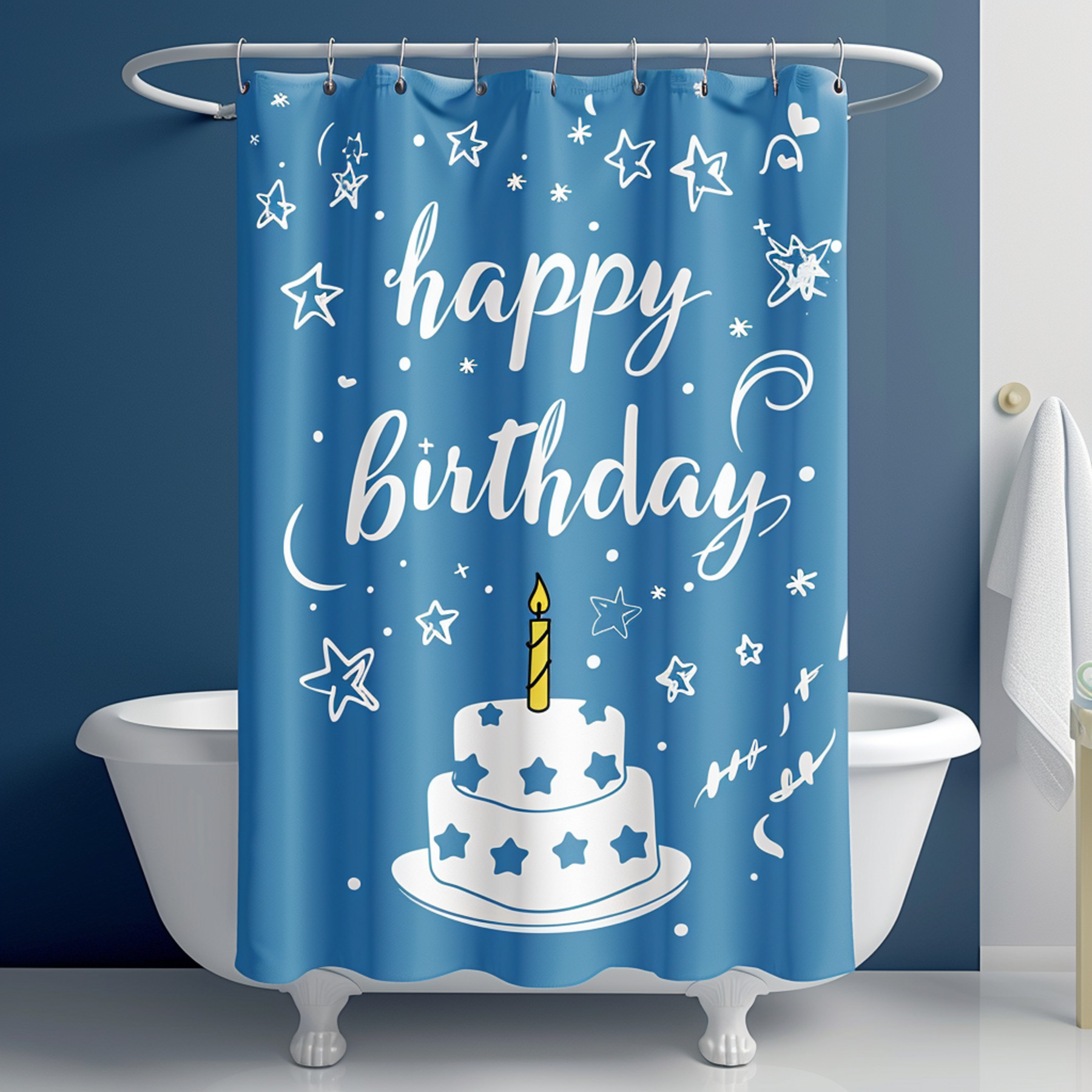 Happy Birthday Shower Curtain – 70x70 Inch Party Decor With Balloons & Cake