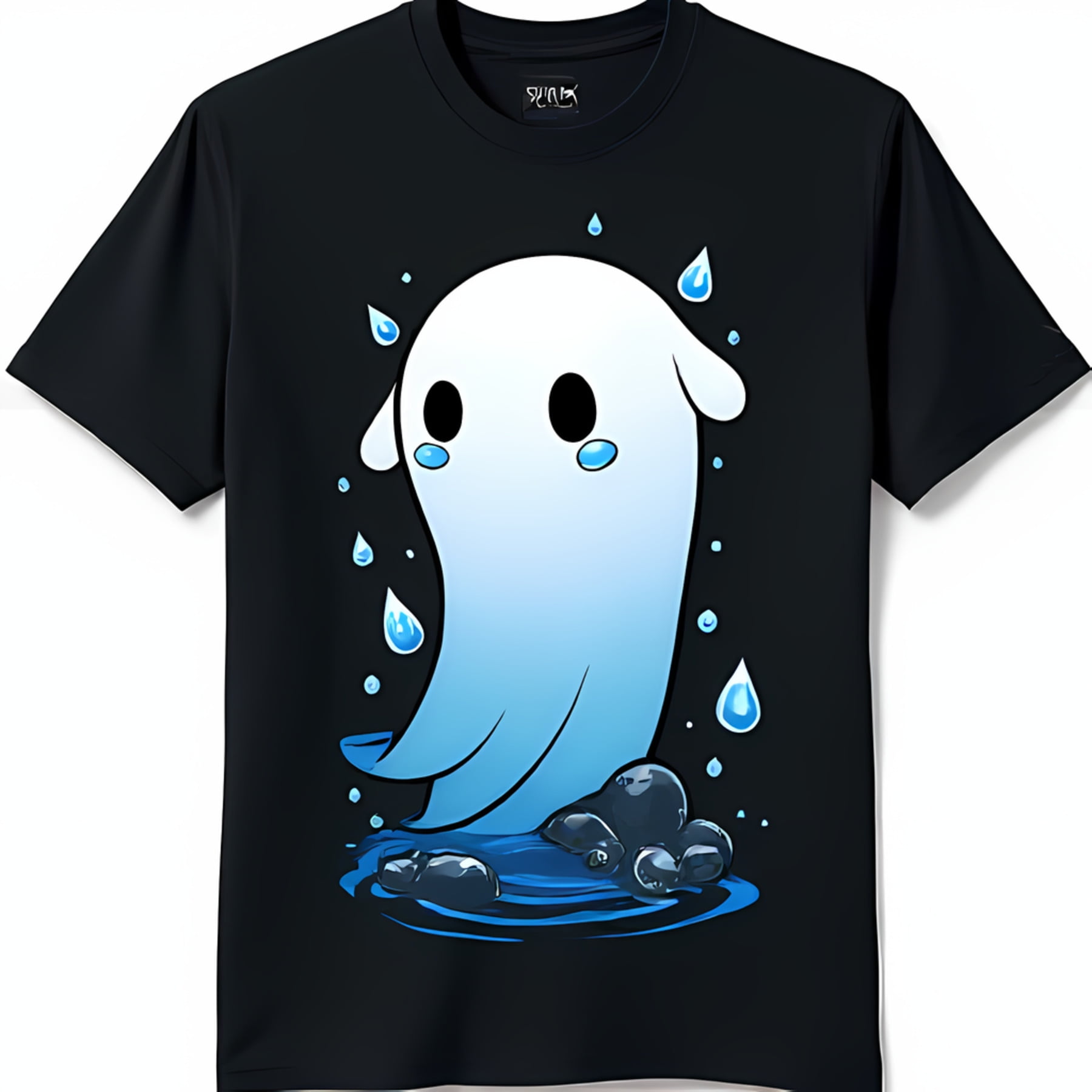 Blue and White Cartoon Ghost TShirt with Teardrop Pupils Spooky Fun