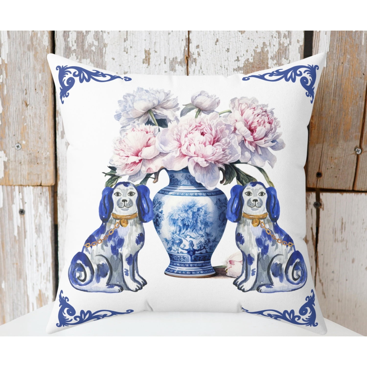 Blue and White Ceramic Dogs, Ginger Jar and Pink Peonies Square Pillow ...