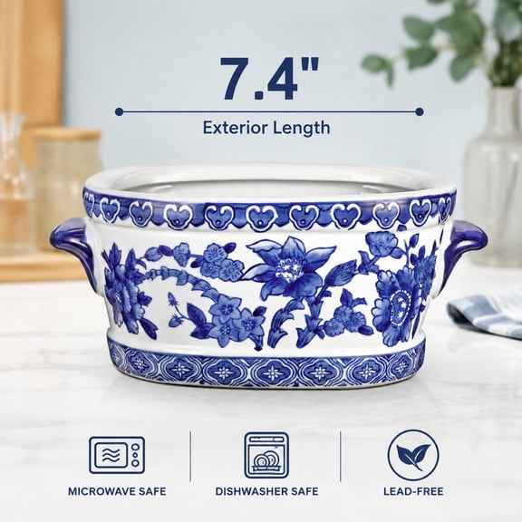 Blue and White Ceramic Oval Planter Pot – Vintage Floral Glazed Porcelain Cachepot Vase for Indoor Plants, Flowers & Succulents – 7.4" – No Drainage