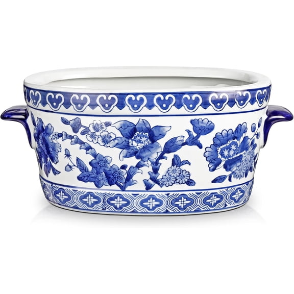Blue and White Ceramic Oval Planter Pot with Floral Design 10.6 Inch No Drainage