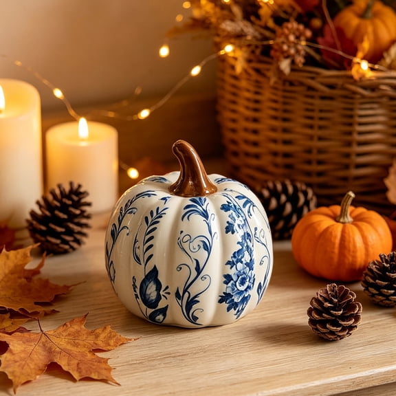 Blue and White Ceramic Pumpkins, Artificial Fall Pumpkin Ornaments, Chinoiserie Tabletop Decor for Autumn Harvest & Thanksgiving Decoration, L
