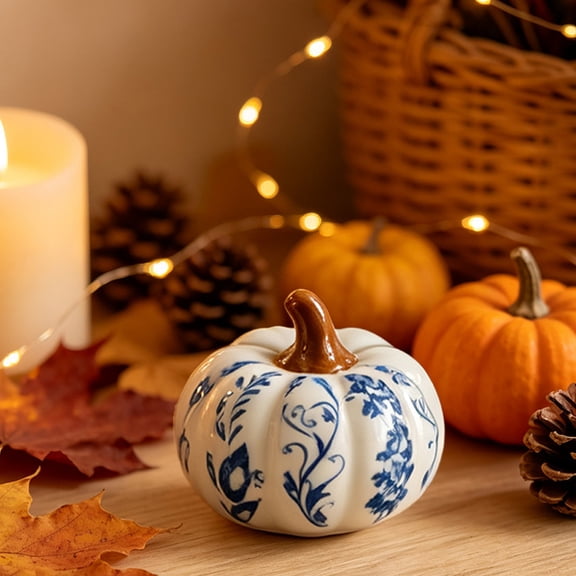 Blue and White Ceramic Pumpkins, Artificial Fall Pumpkin Ornaments, Chinoiserie Tabletop Decor for Autumn Harvest & Thanksgiving Decoration, S