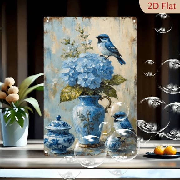 Blue and White Ceramic Still Life with Birds, 8x12 Inches Rustic Shabby Chic Floral Wall Art Metal Tin Sign for Home Decor