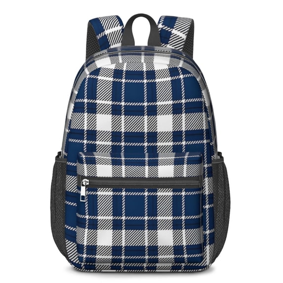 Blue and White Checkered Pattern 17" School Backpacks for Teens,Waterproof Oxford Fabric,S-Shape Padded Straps for School,Travel,Hiking,Camping