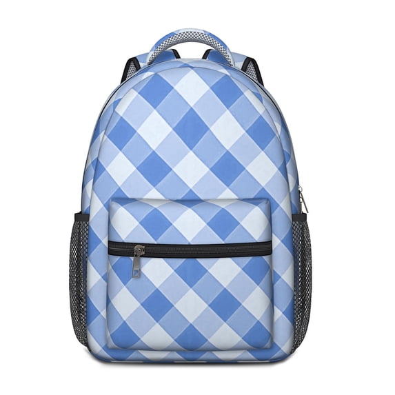 Blue and White Checkered Pattern Backpack for School, Cute School Bag with Adjustable Shoulder Straps and Padded Back, 15.3"x11"x6.7"