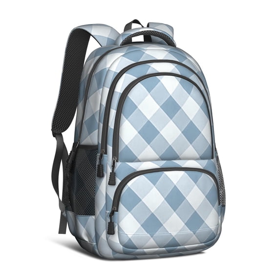 Blue and White Checkered Pattern Backpack for School, Cute School Bag with Adjustable Shoulder Straps and Padded Back, 16.9"x12.6"x5.9"