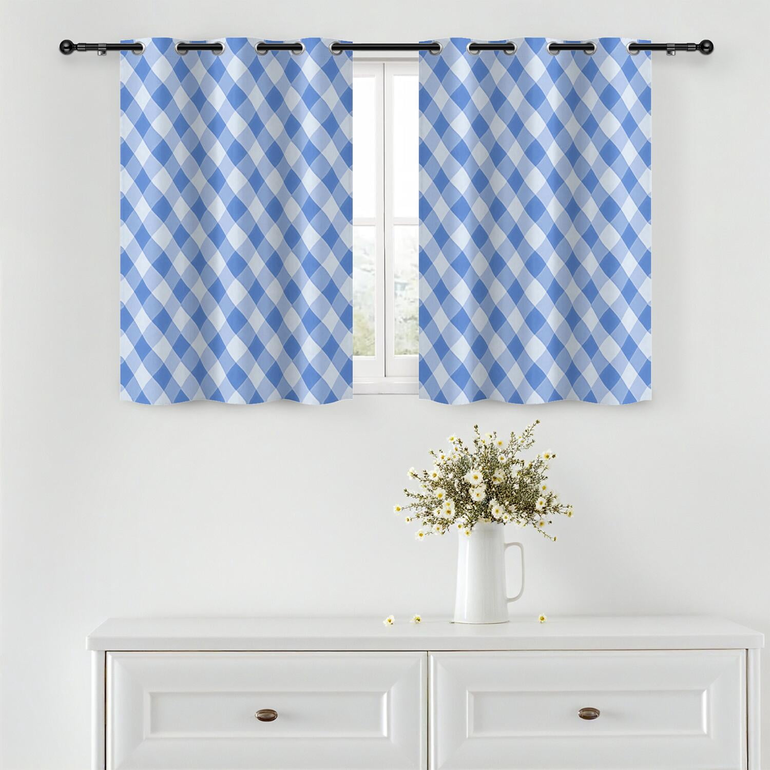 Blue and White Checkered Pattern Blackout Curtains,Triple Weaved Fabric ...