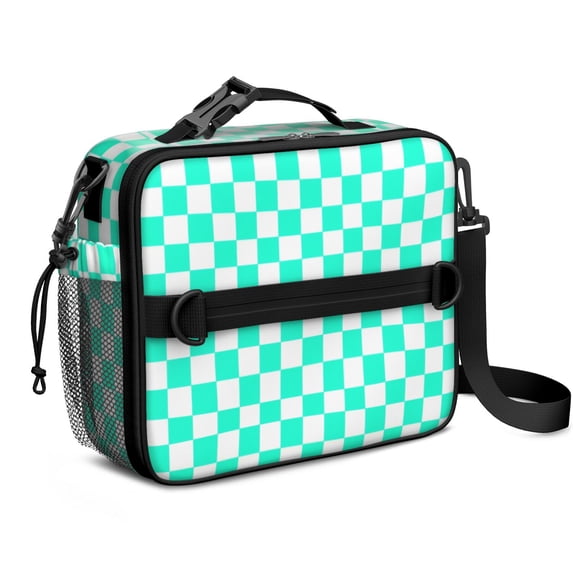 Blue and White Checkered Pattern Insulated Lunch Bag with Shoulder Strap and Bottle Holder,Bento School Lunch Bag Box,11x9.5x3.5 Inches