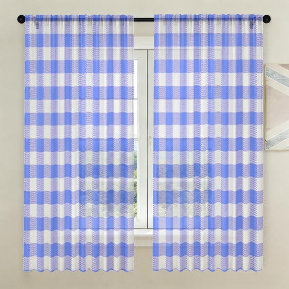 Blue and White Checkered Pattern Sheer Curtains, Rod Pocket Sheer ...