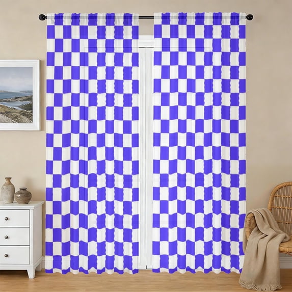 Blue and White Checkered Pattern Sheer Curtains, Voile Drapes with Dual ...