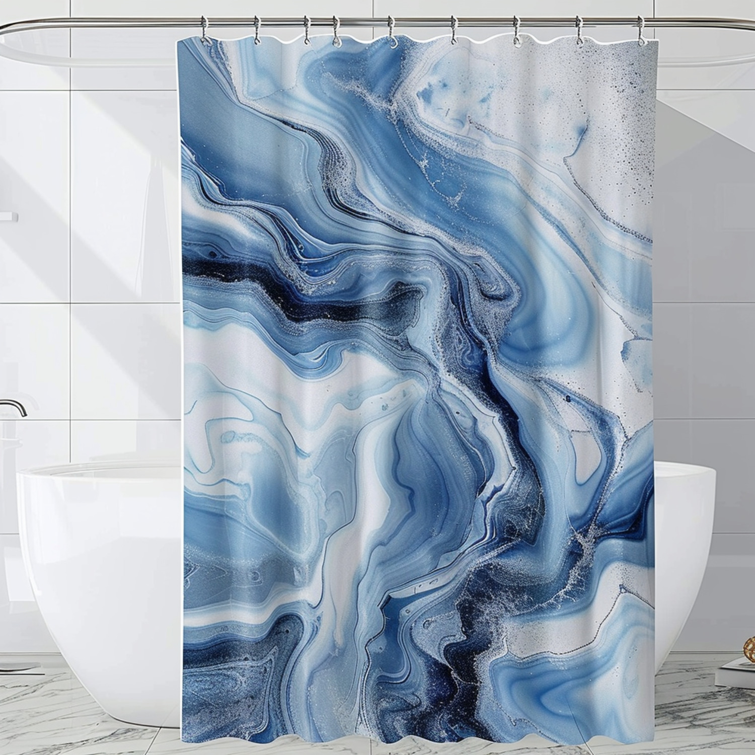 Blue and White Chinese Landscape Marble Stone Shower Curtain with
