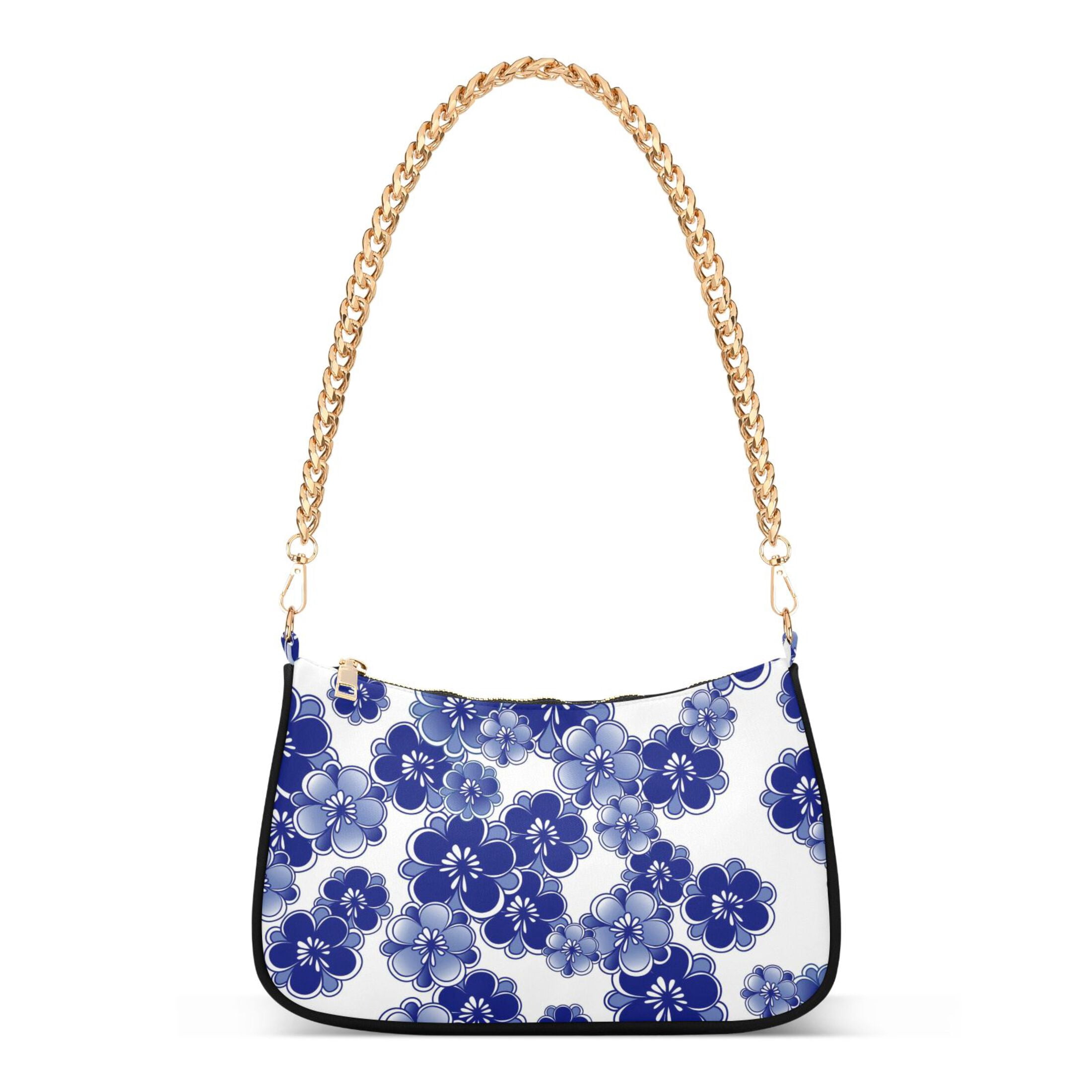 Blue and White Chinese Style Flowers Womens Chain Shoulder Bag Tote Handbag Clutch Hobo Purse with Zipper for Travel Casual