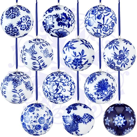 Blue and White Chinoiserie Christmas Ornament Balls, Floral Porcelain Pattern, 12 Pack