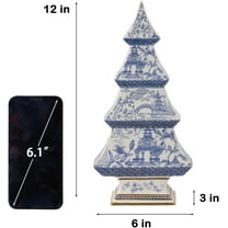 Blue and White Chinoiserie Christmas Tree Decor - 12" Vintage Tabletop Holiday Figurine, Premium Indoor Gift for Xmas Party and Home Decoration