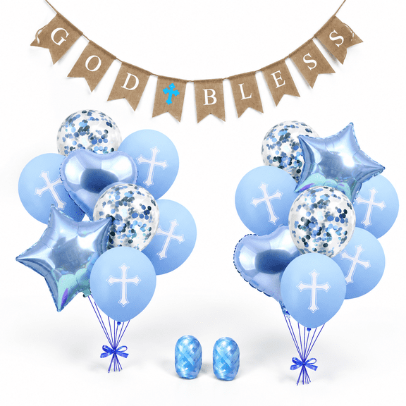 Blue and White Cross Balloon Banner for Baptism, First Communion and Confirmation