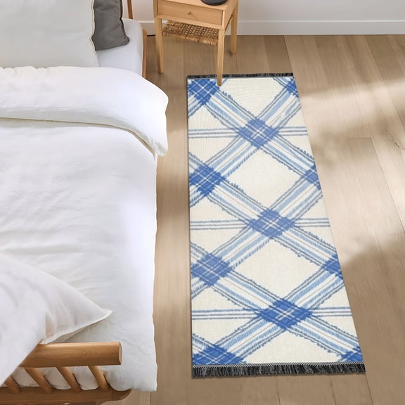 Blue and White Diagonal Plaids Pattern Bedside Runner Rug 2'x 6' Non Slip Carpet Floor Mat Area Rug