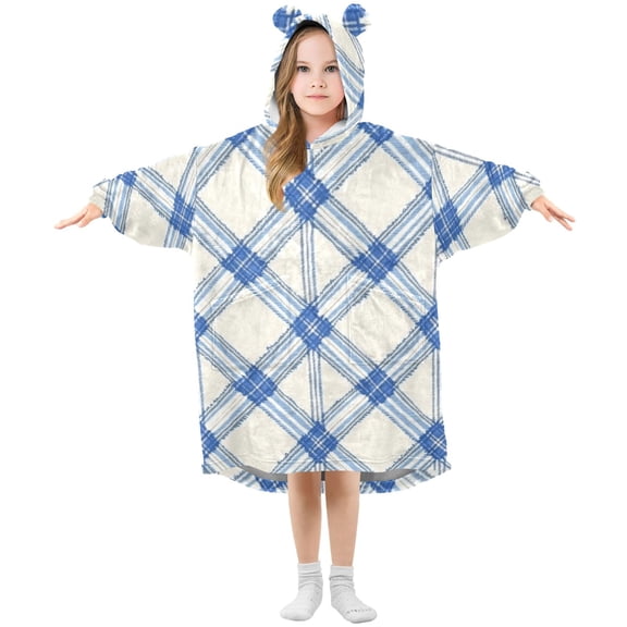 Blue and White Diagonal Plaids Pattern Flannel Wearable Blankets Hooded Design Long Sleeves Wrap Unisex for 3T-14Y S