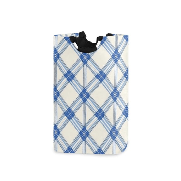Blue and White Diagonal Plaids Pattern Laundry Basket with Handles Foldable Laundry Hamper Freestanding Washing Bin 50L
