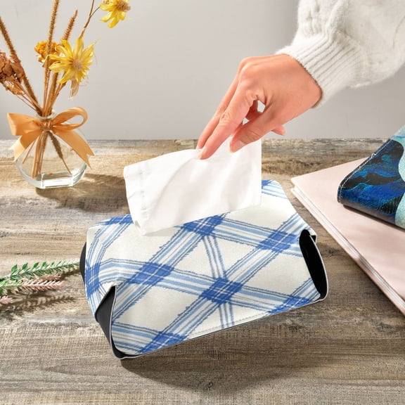 Blue and White Diagonal Plaids Pattern Leather Tissue Box Cover Rectangle Tissue Holder Foldable