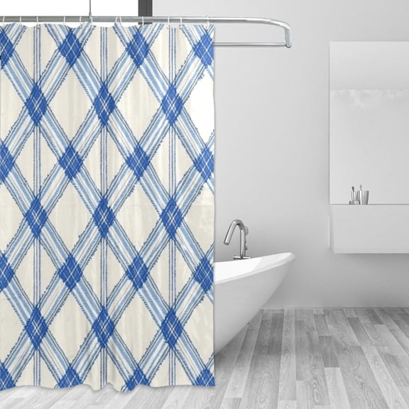 Blue and White Diagonal Plaids Pattern Shower Curtains with 12 Hooks Waterproof Bathroom Decor 66" x 72"
