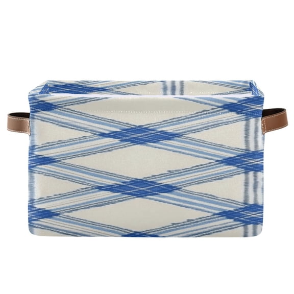 Blue and White Diagonal Plaids Pattern Square Storage Bins with Handles Collapsible Containing Box 1 Pack