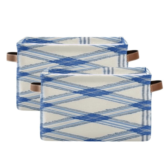 Blue and White Diagonal Plaids Pattern Square Storage Bins with Handles Collapsible Containing Box 2 Packs