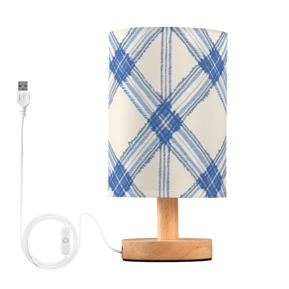 Blue and White Diagonal Plaids Pattern Table Lamp with USB Port LED Warm Light Lamp Night Light Home Decor