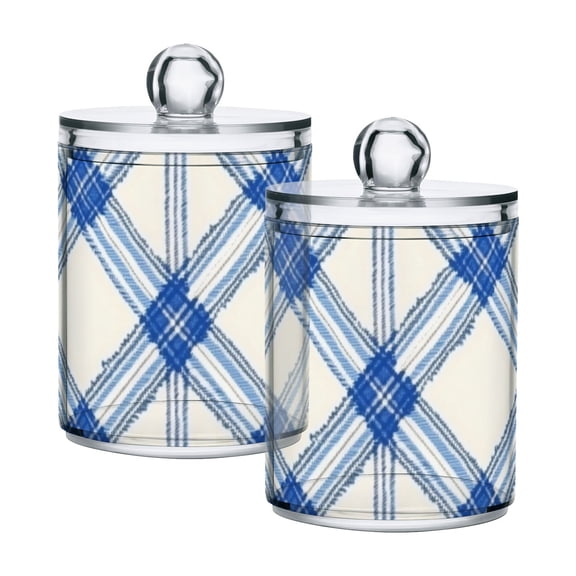 Blue and White Diagonal Plaids Pattern Translucent Plastic Cans Storage Canisters with Lid Set of 2