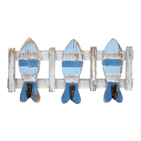 Blue and White Fish Triple Wall Hooks Wood and Metal 13 Inch